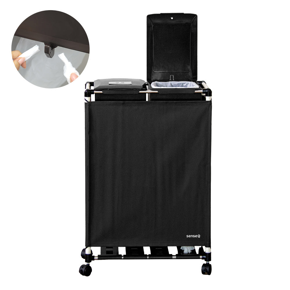2 in1 64L Easy Fit Magic Household Recycling Bin, Indoor/Outdoor, Rectangular Recycle Bin with Lid, Wheels, and Artificial Leather Screen Cover (32L x 32L Capacity)