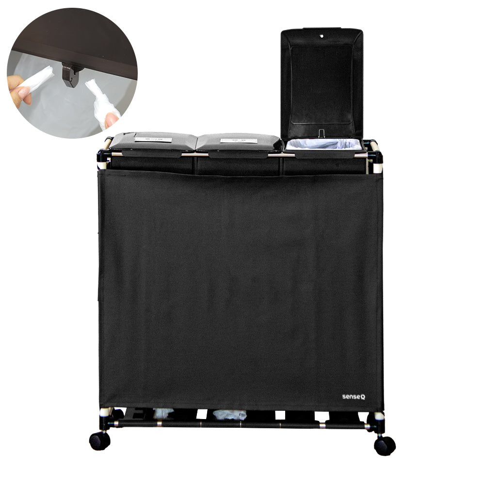 3 in1 96L Easy Fit Magic Household Recycling Bin, Indoor/Outdoor, Rectangular Recycle Bin with Lid, Wheels, and Artificial Leather Screen Cover (32Lx 3 Bin)