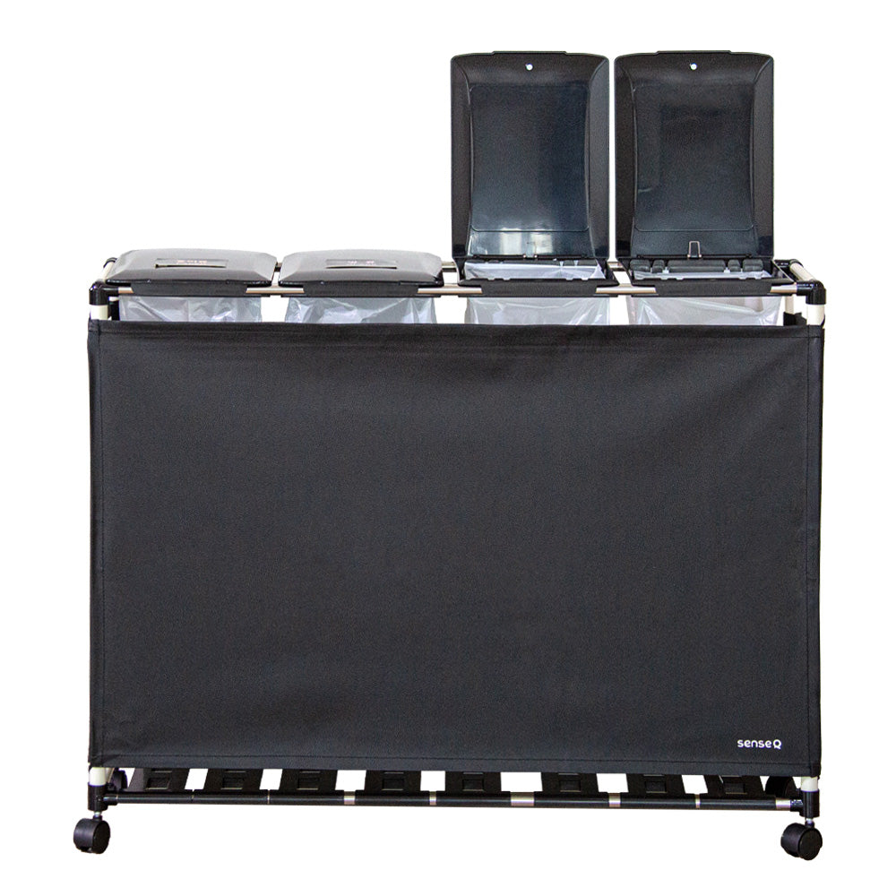 4 in 1, 128L Easy Fit Rich Household Recycling Bin, Indoor/Outdoor, Rectangular Recycle Bin with Lid, Wheels, and Artificial Leather Screen Cover (32Lx 4 Bin)