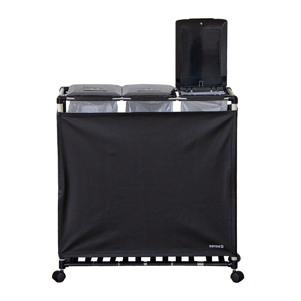 3 in1, 96L Easy Fit Rich Household Recycling Bin, Indoor/Outdoor, Rectangular Recycle Bin with Lid, Wheels, and Artificial Leather Screen Cover (32Lx 3 Bin)