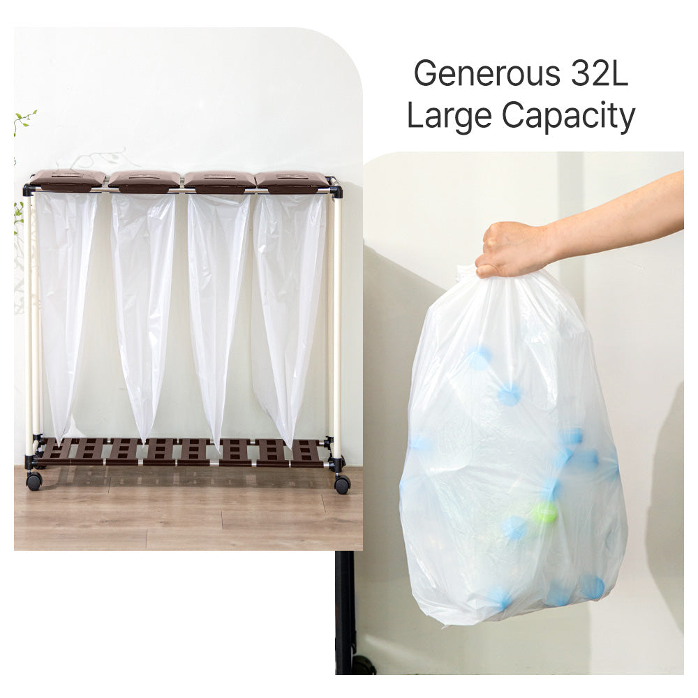 4 in 1, 128L Easy Fit Rich Household Recycling Bin, Indoor/Outdoor, Rectangular Recycle Bin with Lid, Wheels, and Artificial Leather Screen Cover (32Lx 4 Bin)