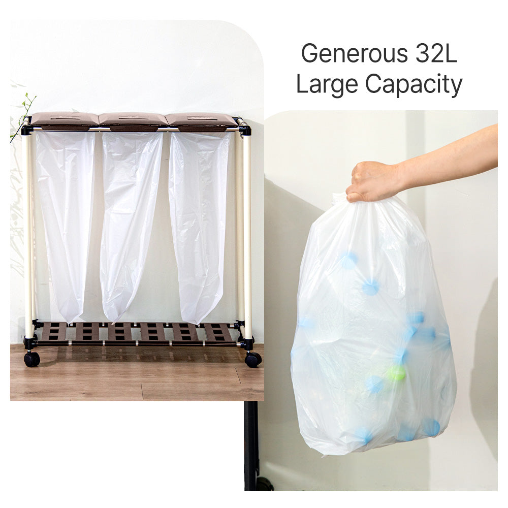 3 in1, 96L Easy Fit Rich Household Recycling Bin, Indoor/Outdoor, Rectangular Recycle Bin with Lid, Wheels, and Artificial Leather Screen Cover (32Lx 3 Bin)